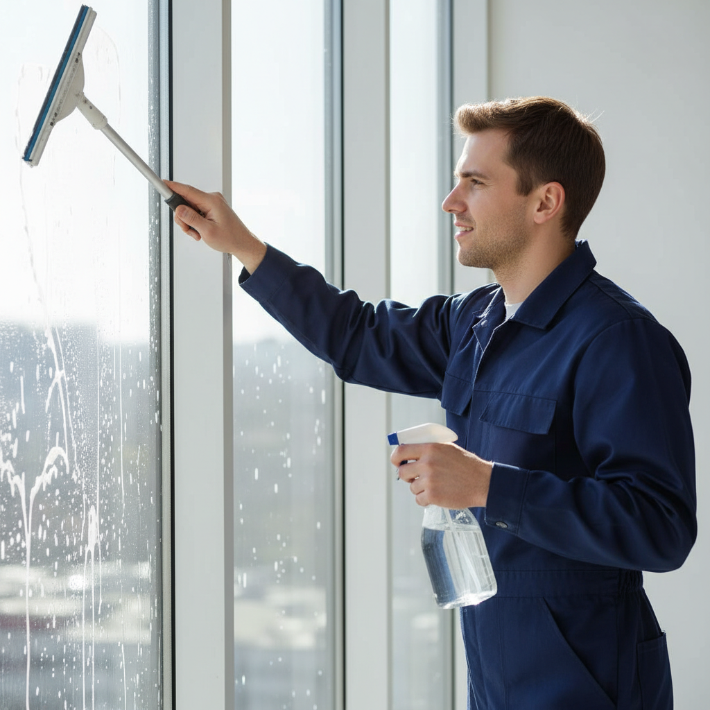 Glas- und Fensterreinigung mit Abzieher in einem Bürogebäude
