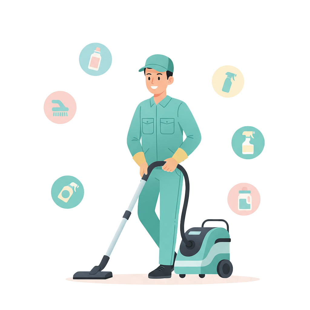 Illustration für Büro- und Praxisreinigung mit professioneller Reinigungskraft