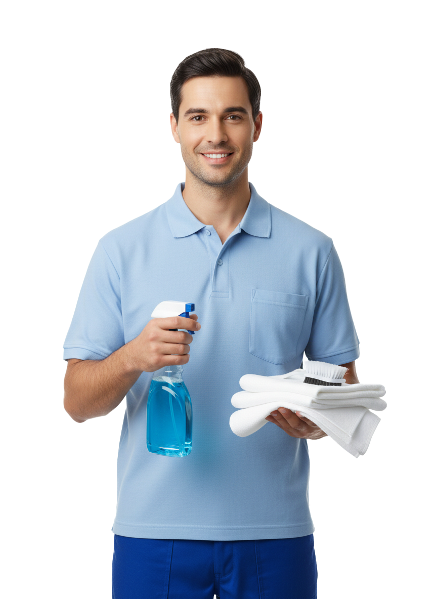 Professionelle Reinigungskraft mit Reinigungszubehör für verschiedene Reinigungsleistungen