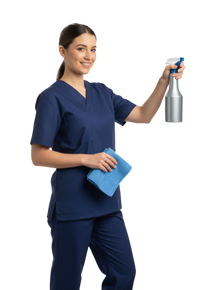 Professionelle Reinigungskraft mit Arbeitskleidung