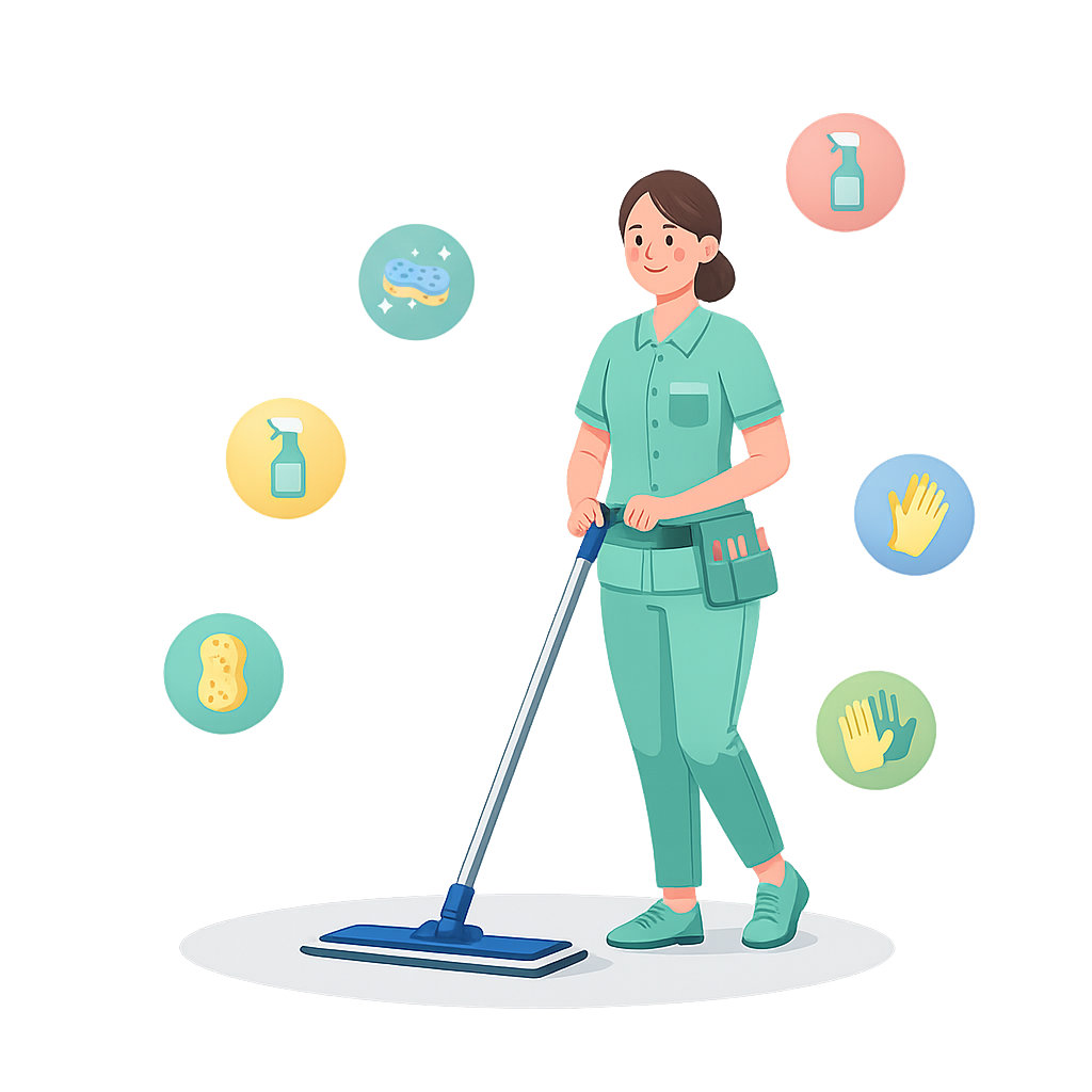 Illustration für Treppenhausreinigung mit professioneller Reinigungskraft