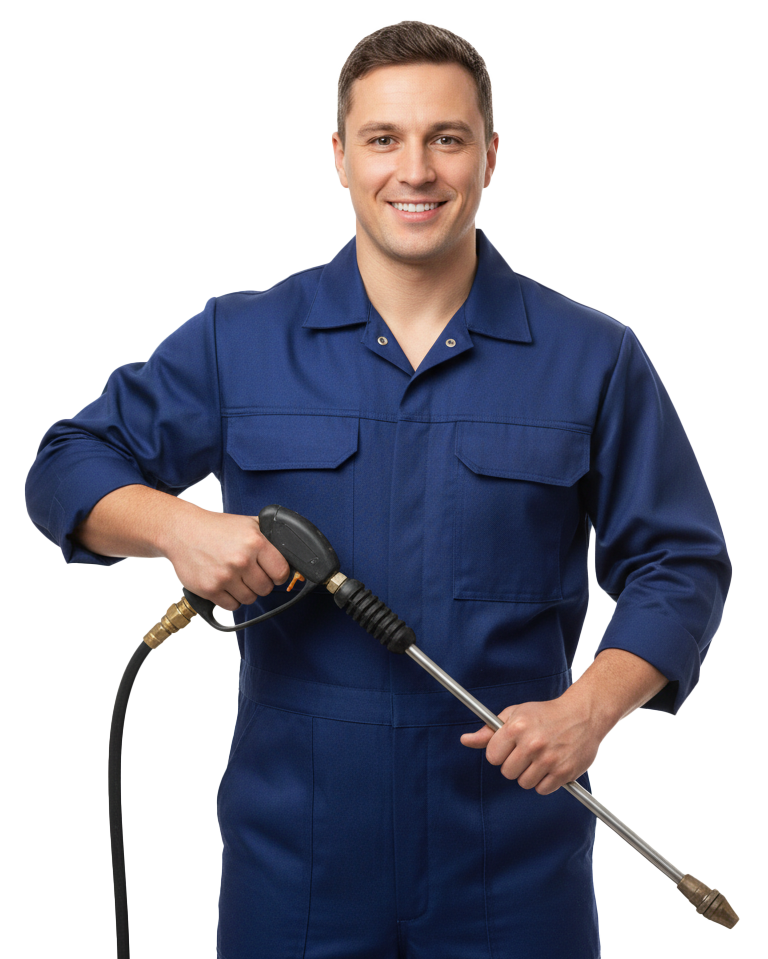 Reinigungsfachkraft mit professioneller Ausrüstung für Gebäudereinigung