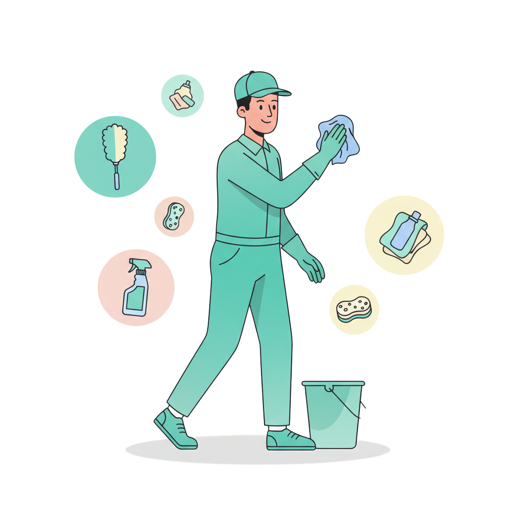 Illustration für Privatreinigung mit Reinigungskraft und Reinigungsutensilien