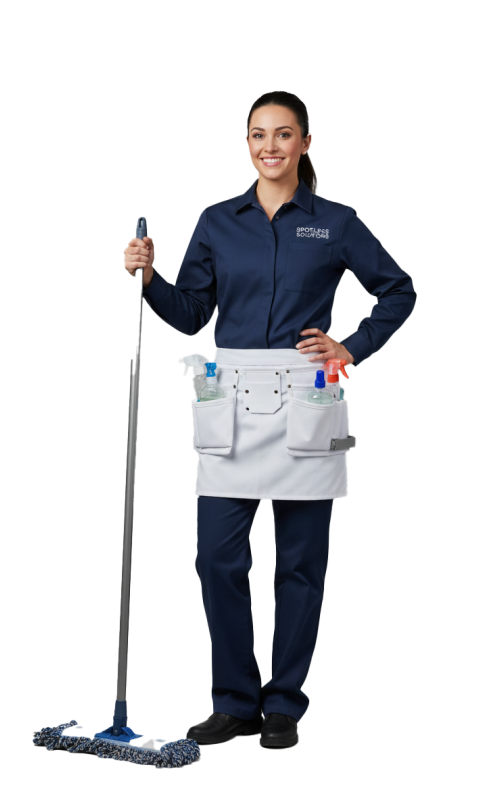 Professionelle Reinigungskraft mit Reinigungswagen und Arbeitskleidung